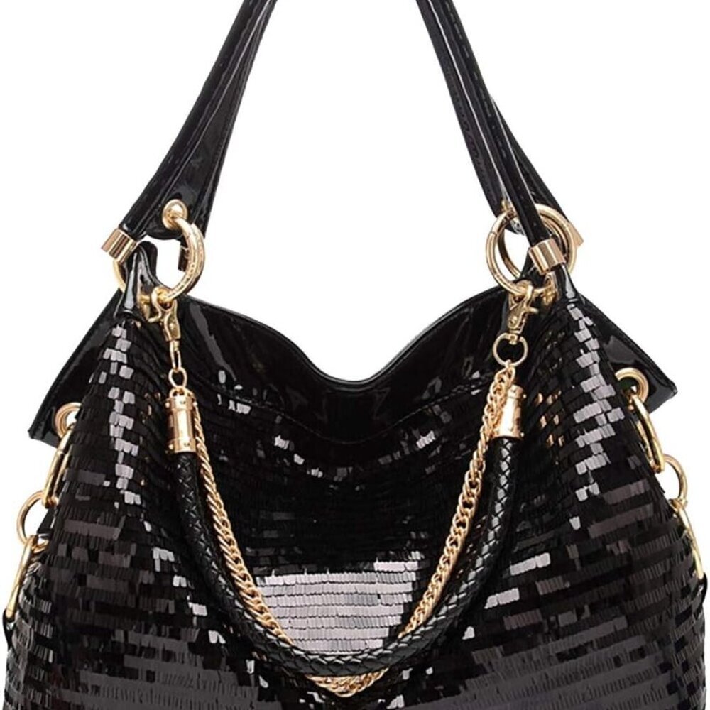 Women Patent Leather Chain Handbag Large Shoulder Bag for Ladies Sequin Purse